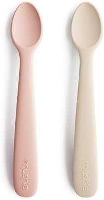 Introduce Fun Mealtime with Durable Silicone Baby Feeding Spoons 2-Pack BlushShifting Sand