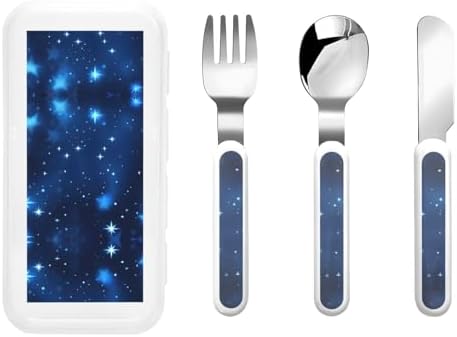 Premium Blue Shining Stars Pattern Print Stainless Steel Utensils Set with Travel Case