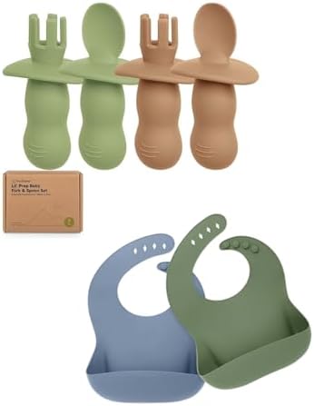 Self-feeding silicone spoon and bib set for babies