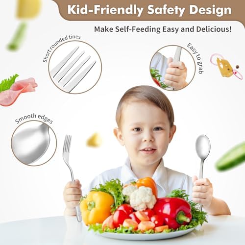 DRKIO Stainless Steel Toddler Utensils Set - 12 Pieces Silverware Set for Kids