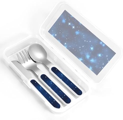 Premium Blue Shining Stars Pattern Print Stainless Steel Utensils Set with Travel Case