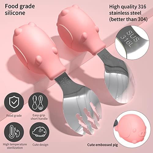 Deejoy Toddler Utensils Stainless Steel Silverware Set with Travel Case Pink