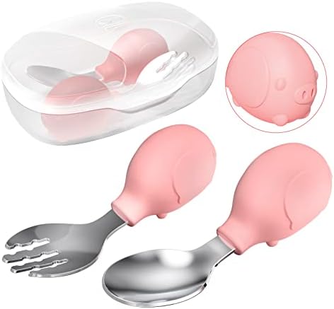 Deejoy Toddler Utensils Stainless Steel Silverware Set with Travel Case Pink