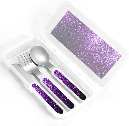 Beautiful Purple Glitter Print Flatware Set with Travel Case