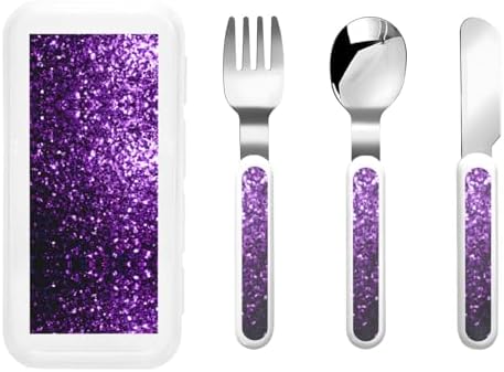 Beautiful Purple Glitter Print Flatware Set with Travel Case