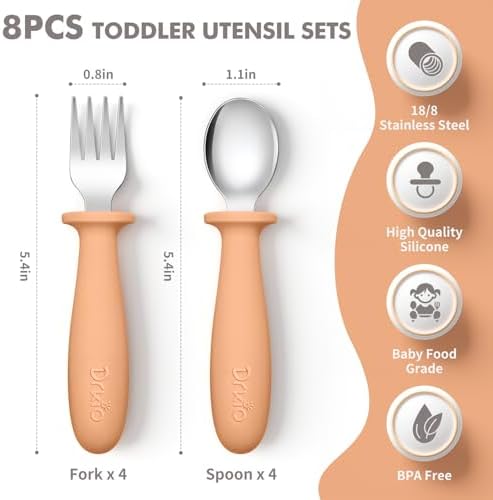 DRKIO 8-Piece Toddler Utensil Set with Silicone Handle