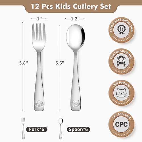 DRKIO Stainless Steel Toddler Utensils Set - 12 Pieces Silverware Set for Kids
