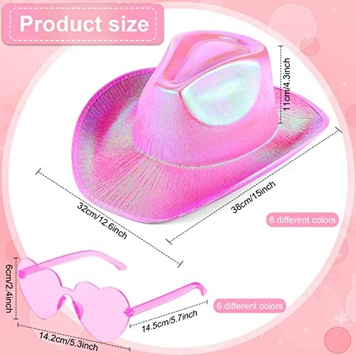 12-Piece Holographic Space Cowgirl Cowboy Hat Set with Neon Sparkly Sunglasses