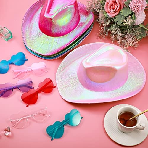 12-Piece Holographic Space Cowgirl Cowboy Hat Set with Neon Sparkly Sunglasses