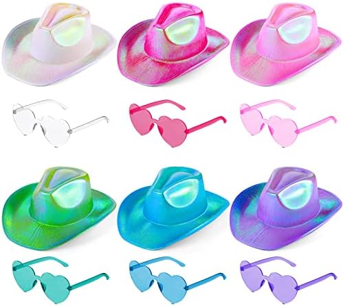12-Piece Holographic Space Cowgirl Cowboy Hat Set with Neon Sparkly Sunglasses