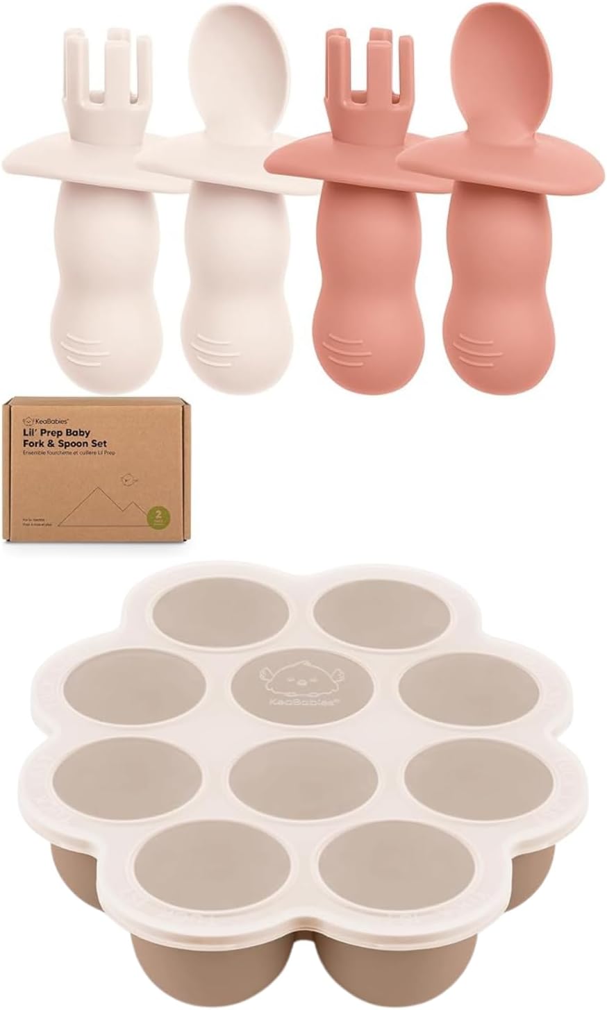 KeaBabies 4-Pack Silicone Baby Spoon Fork Set with Freezer Tray