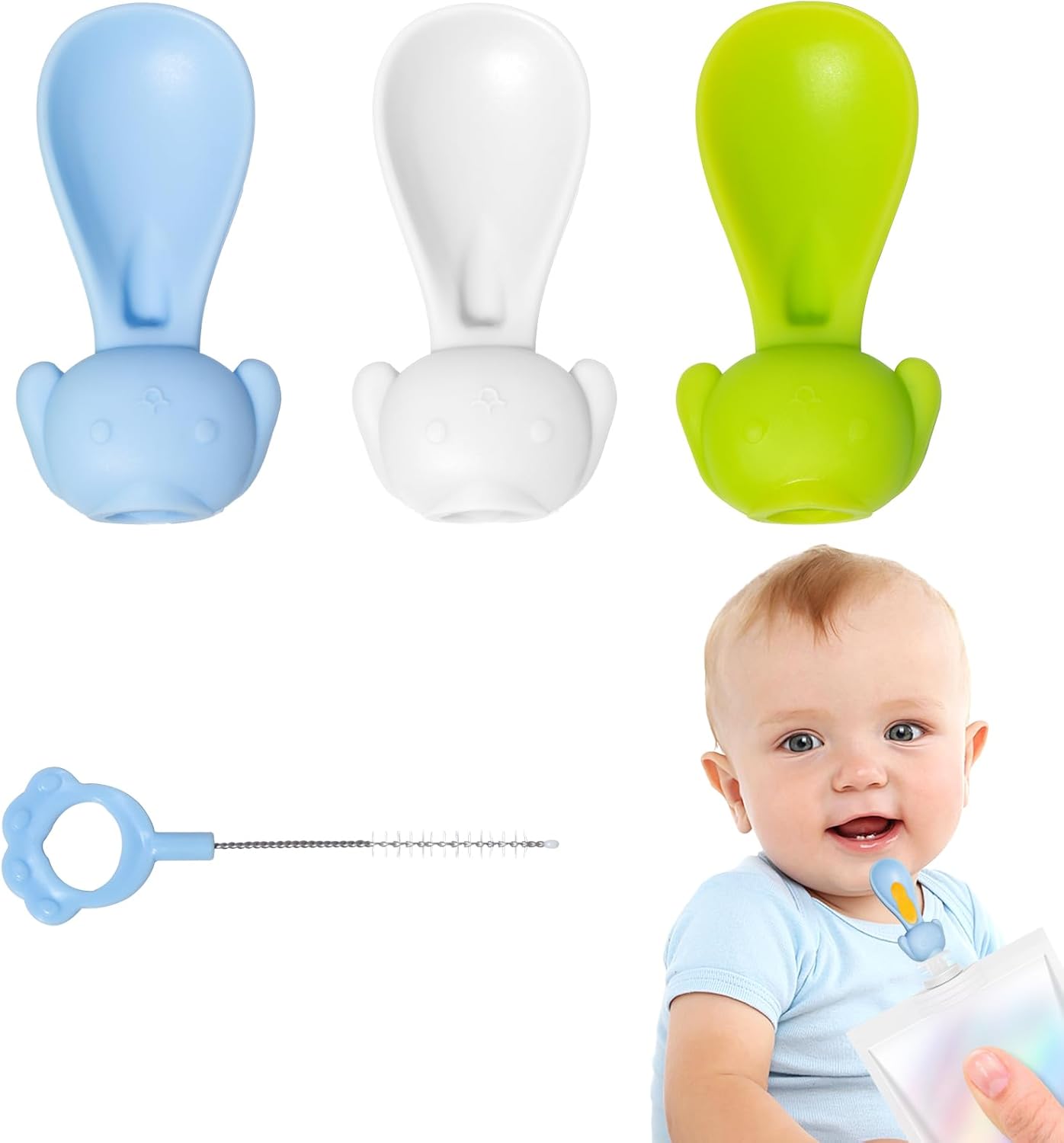 Sturdy Silicone Baby Spoons with Squeeze Pouch Feeder Attachments for Infant Food