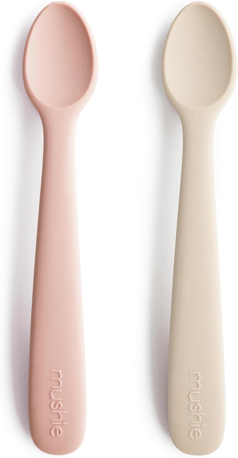 Introduce Fun Mealtime with Durable Silicone Baby Feeding Spoons 2-Pack BlushShifting Sand