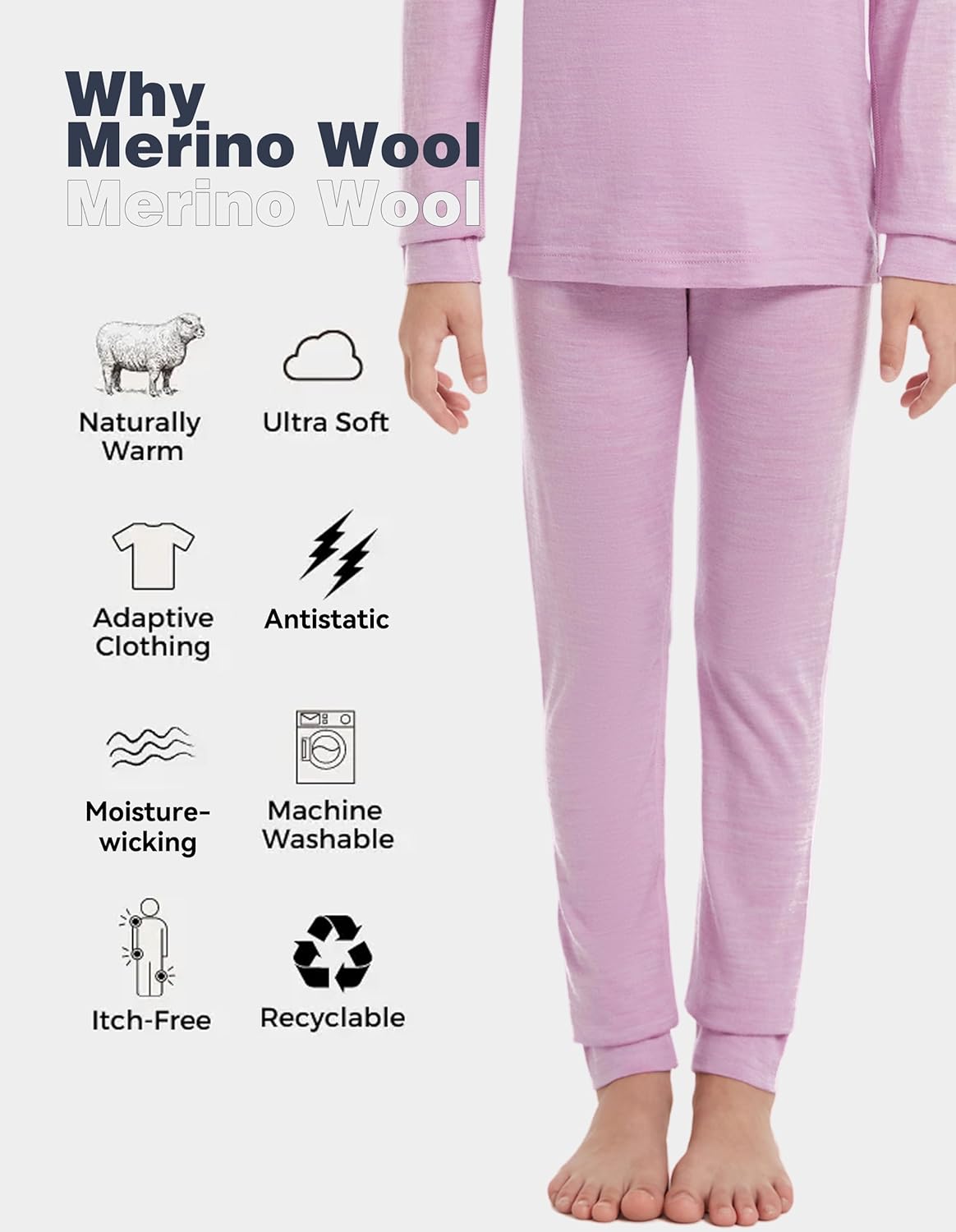 Kids Unisex Merino Wool Thermal Base Layer Pants Lightweight and Comfortable