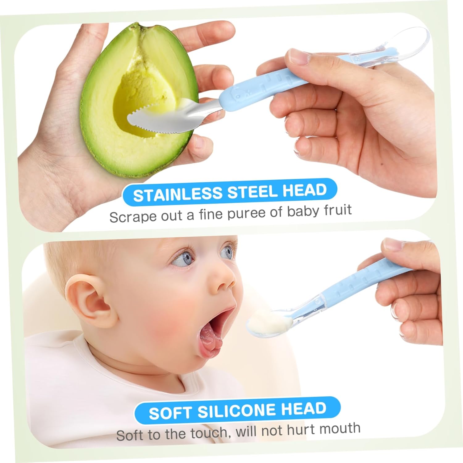Double-Headed Stainless Steel Silicone Baby Spoon for Fruit Scraping