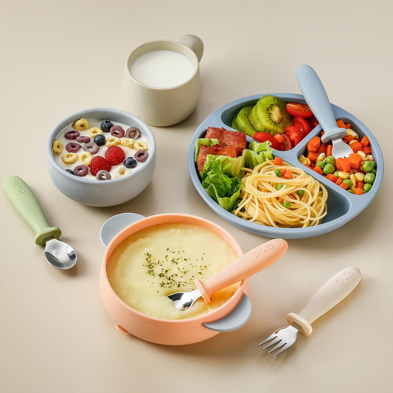 DRKIO 8-Piece Toddler Utensil Set with Silicone Handle