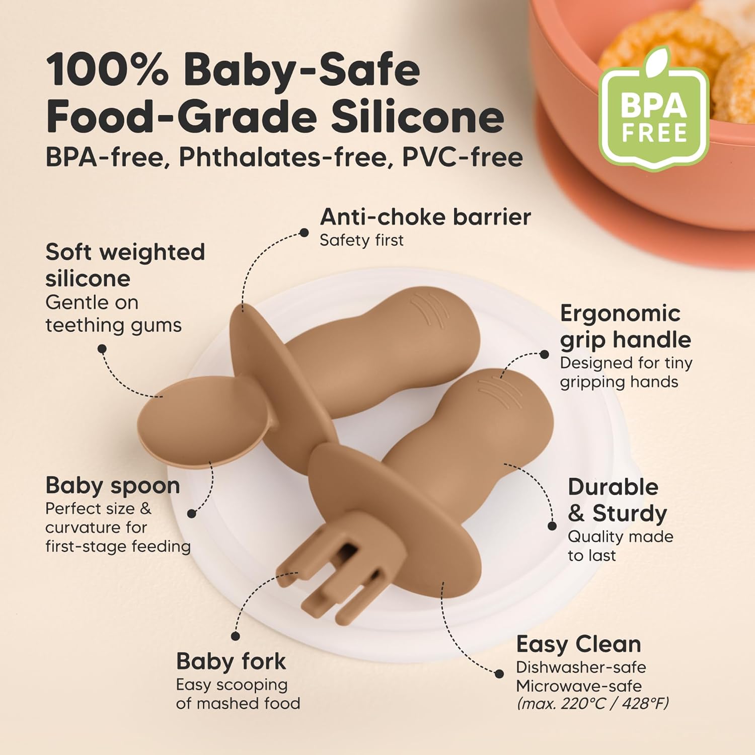 Adorably Safe silicone Baby Utensils Set for 4 - BLW Toddler Feeding