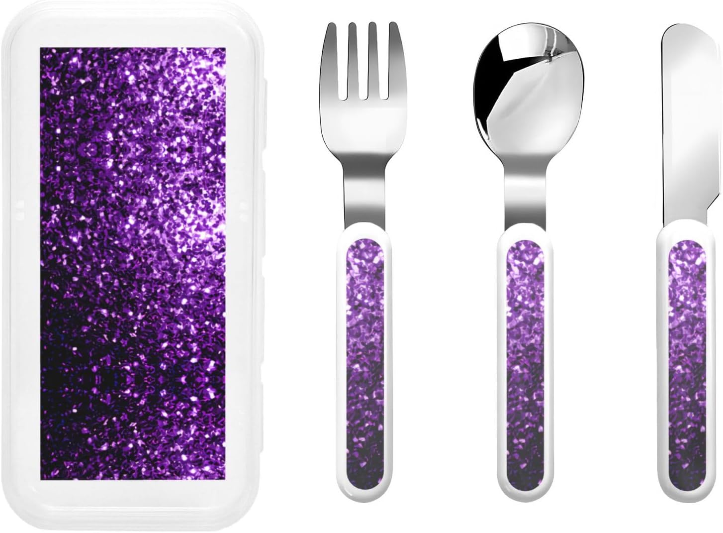 Beautiful Purple Glitter Print Flatware Set with Travel Case