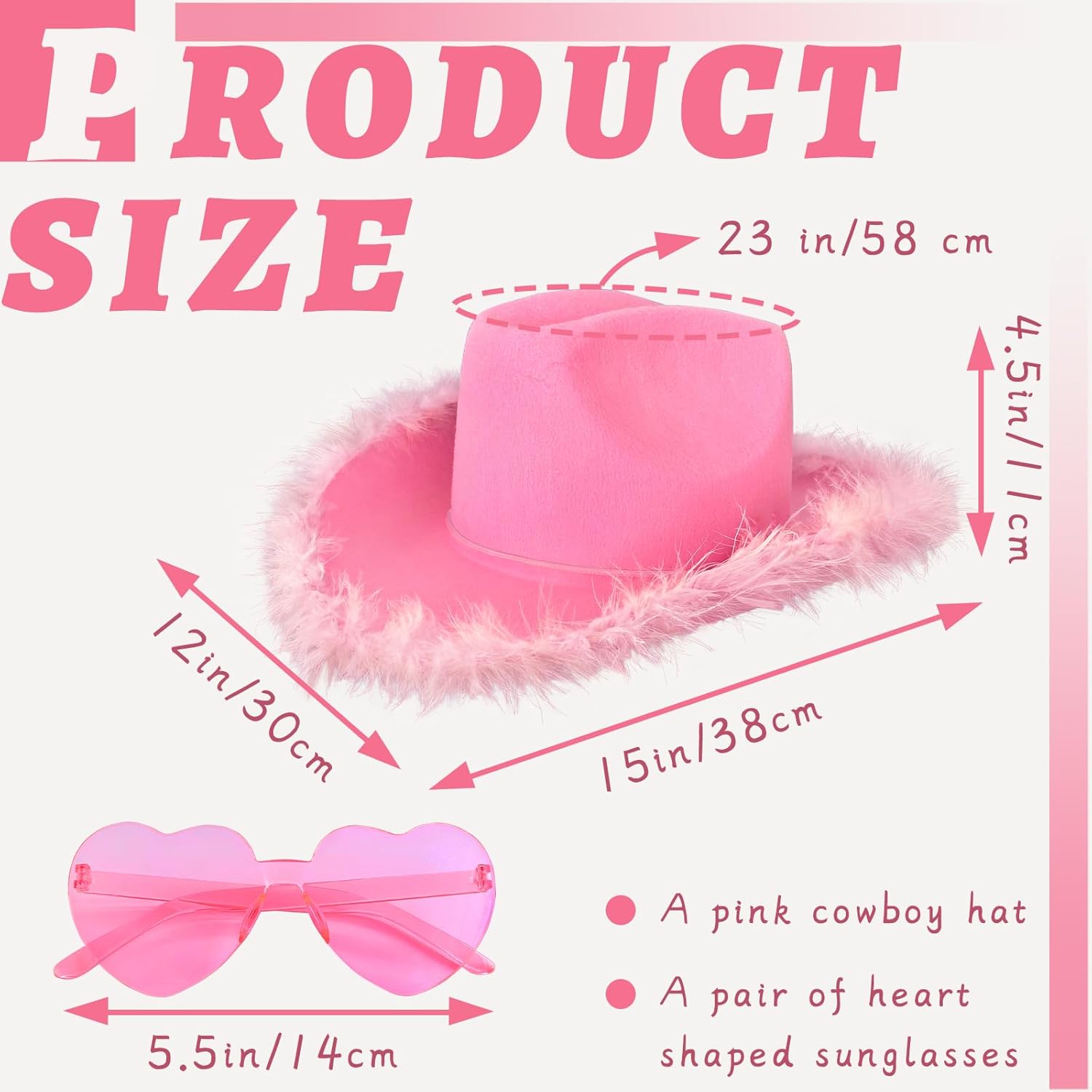Feather Heart Pink Cowboy Hat for Party Bridesmaids