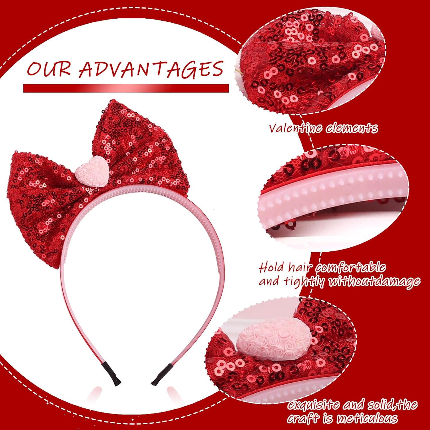 Festive Red Heart Bow Headband for Women