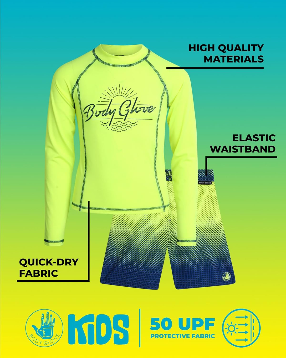 Body Glove Boys Rash Guard Set UPF 50 Protection for Swimming Beyond