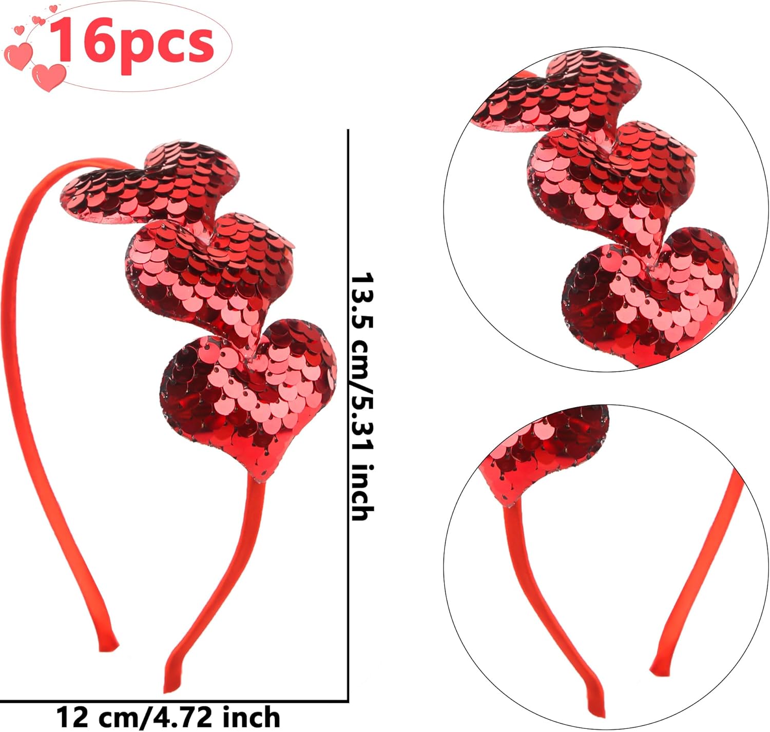 16 Heart Sequin Headbands Valentines Day Party Supplies
