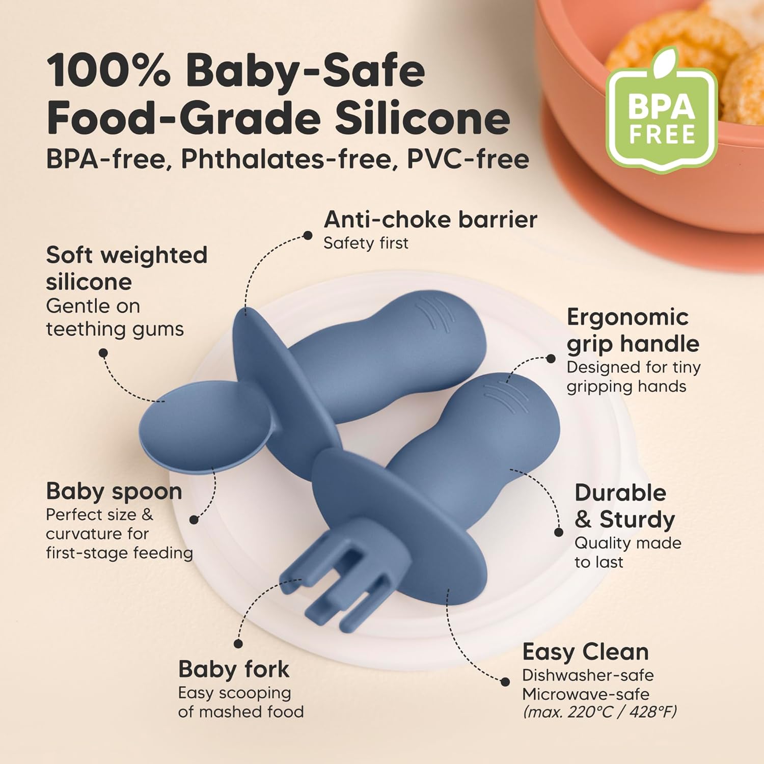 4-Pack Silicone Baby Spoon Fork Set - Safe for Teething BLW