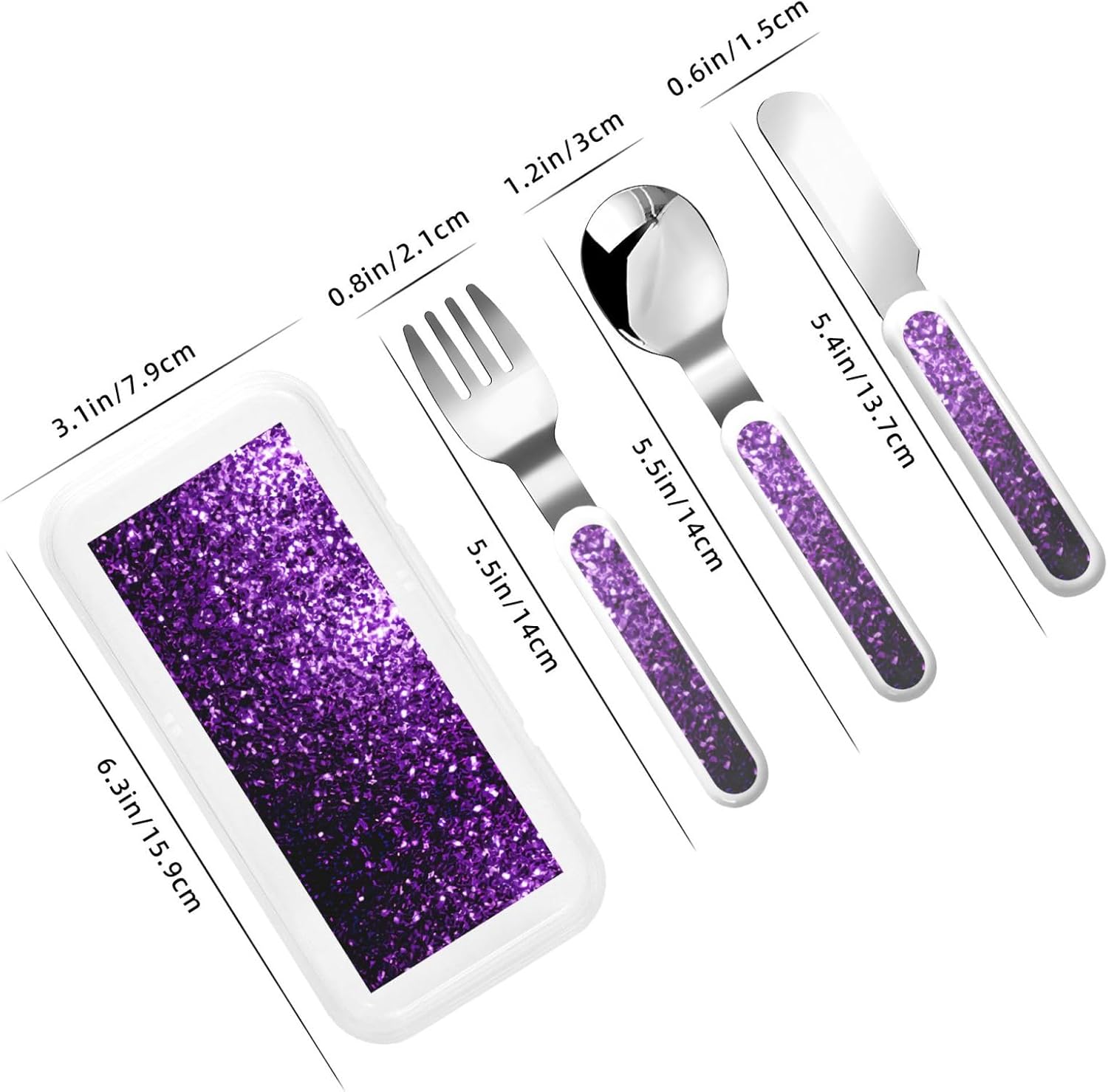 Beautiful Purple Glitter Print Flatware Set with Travel Case