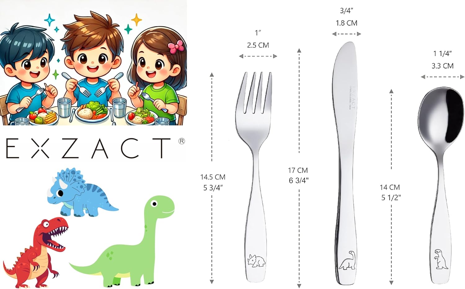 Exzact Kids Flatware Set - Stainless Steel Dinosaurs Forces - 6-Piece Family Set