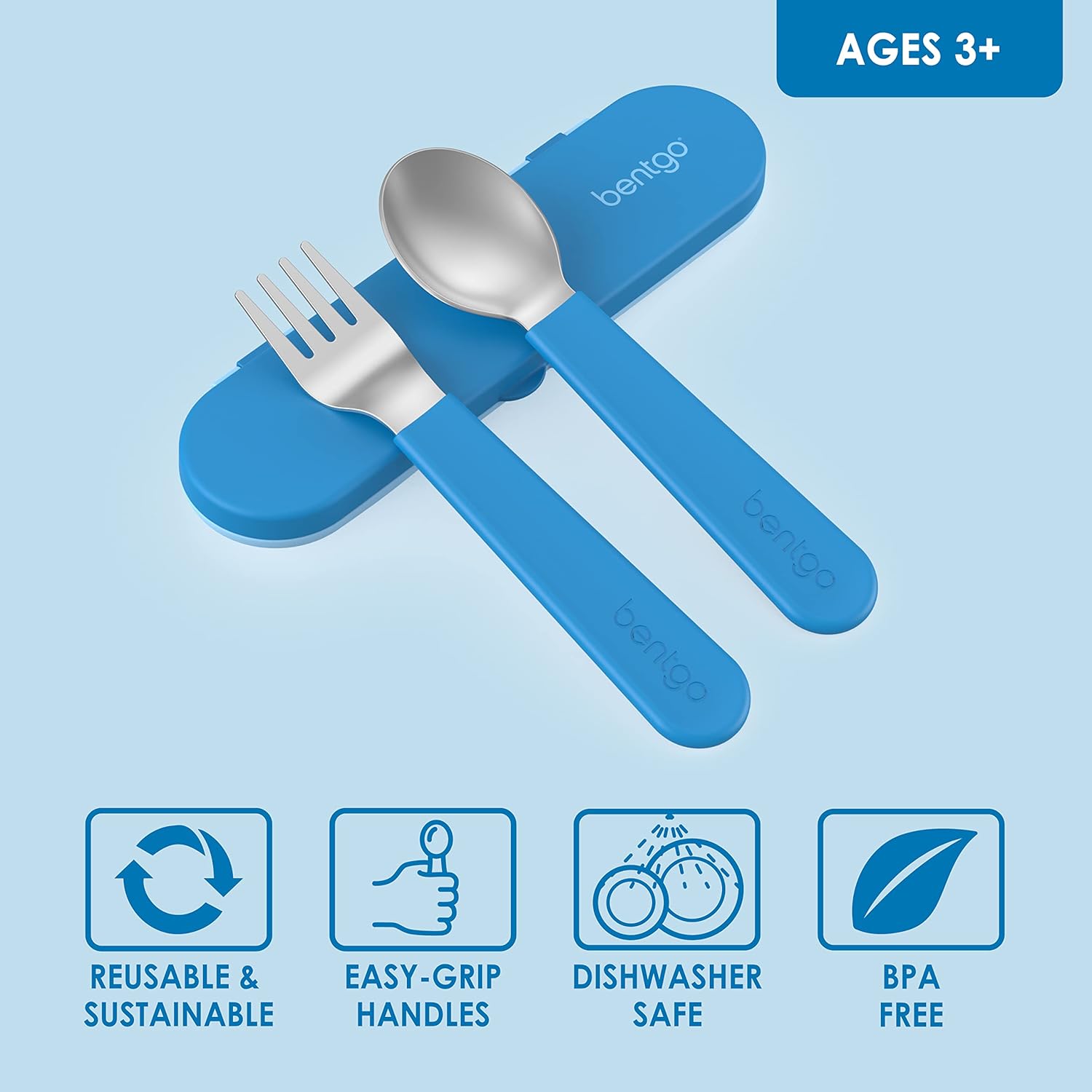 Bentgo Kids Stainless Steel Utensil Set - Fork Spoon Storage Case Blue