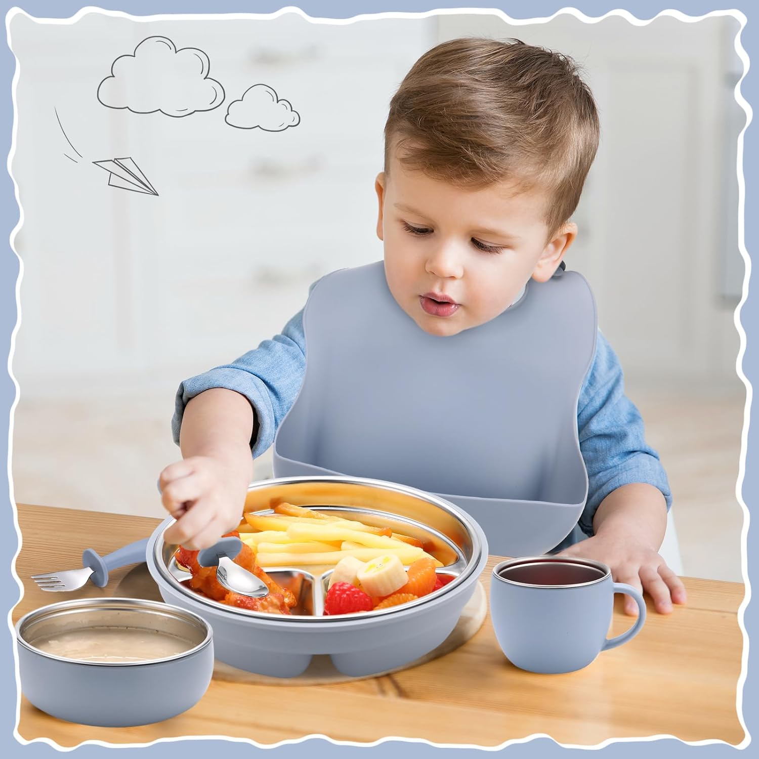 6-Piece Stainless Steel Plates Bowls Set for Kids