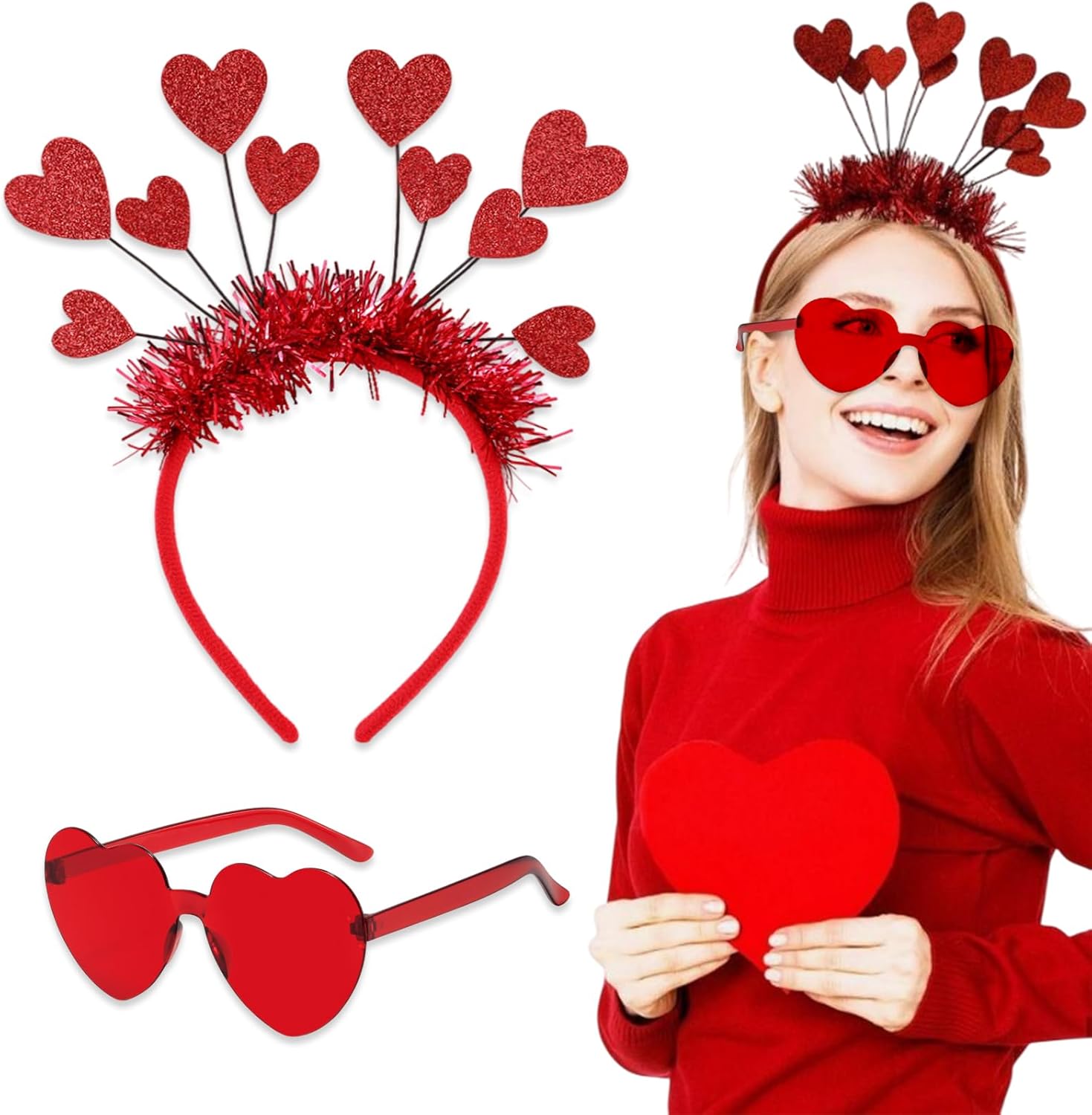 Valentines Day Heart Headband - Red and Heart-Shaped Sunglasses for Women