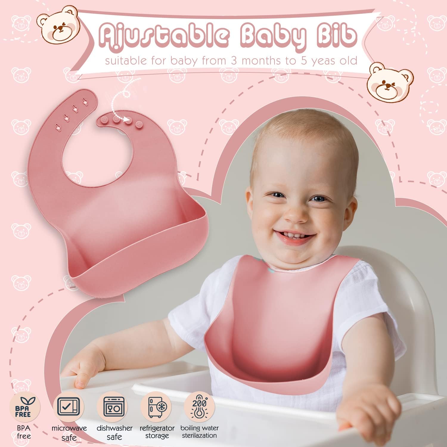 10pcs Baby Feeding Set with Suction Bowl and Plate Pink