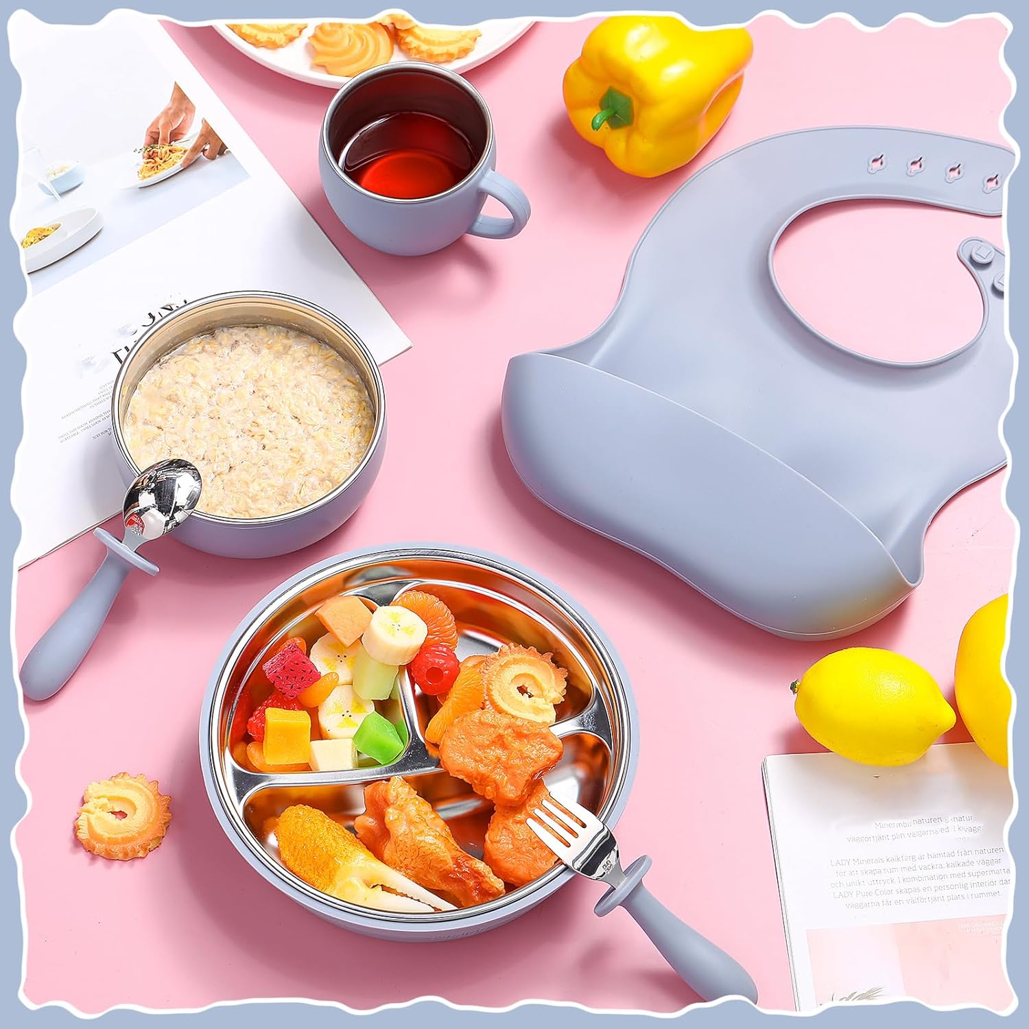 6-Piece Stainless Steel Plates Bowls Set for Kids