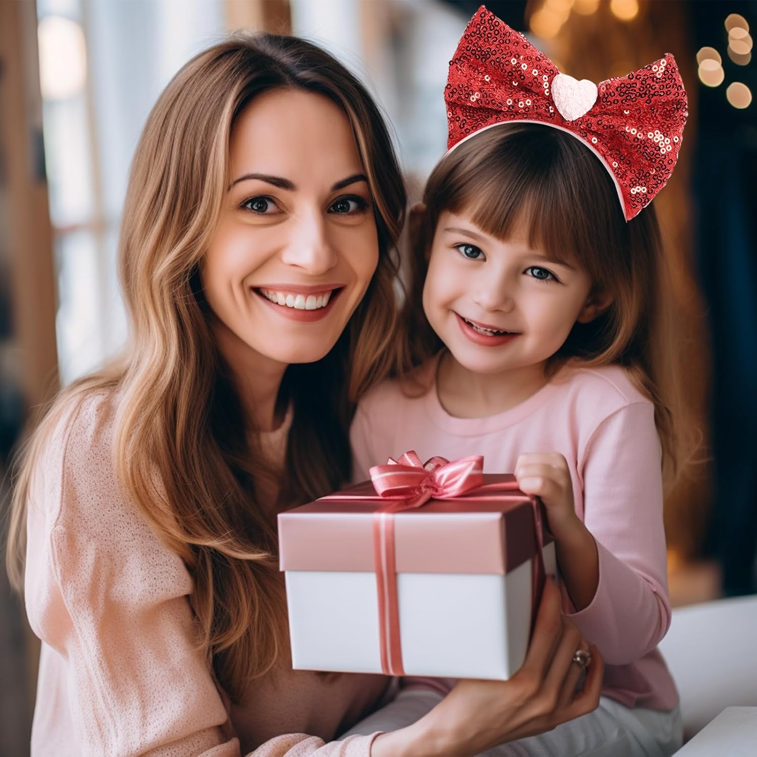 Festive Red Heart Bow Headband for Women