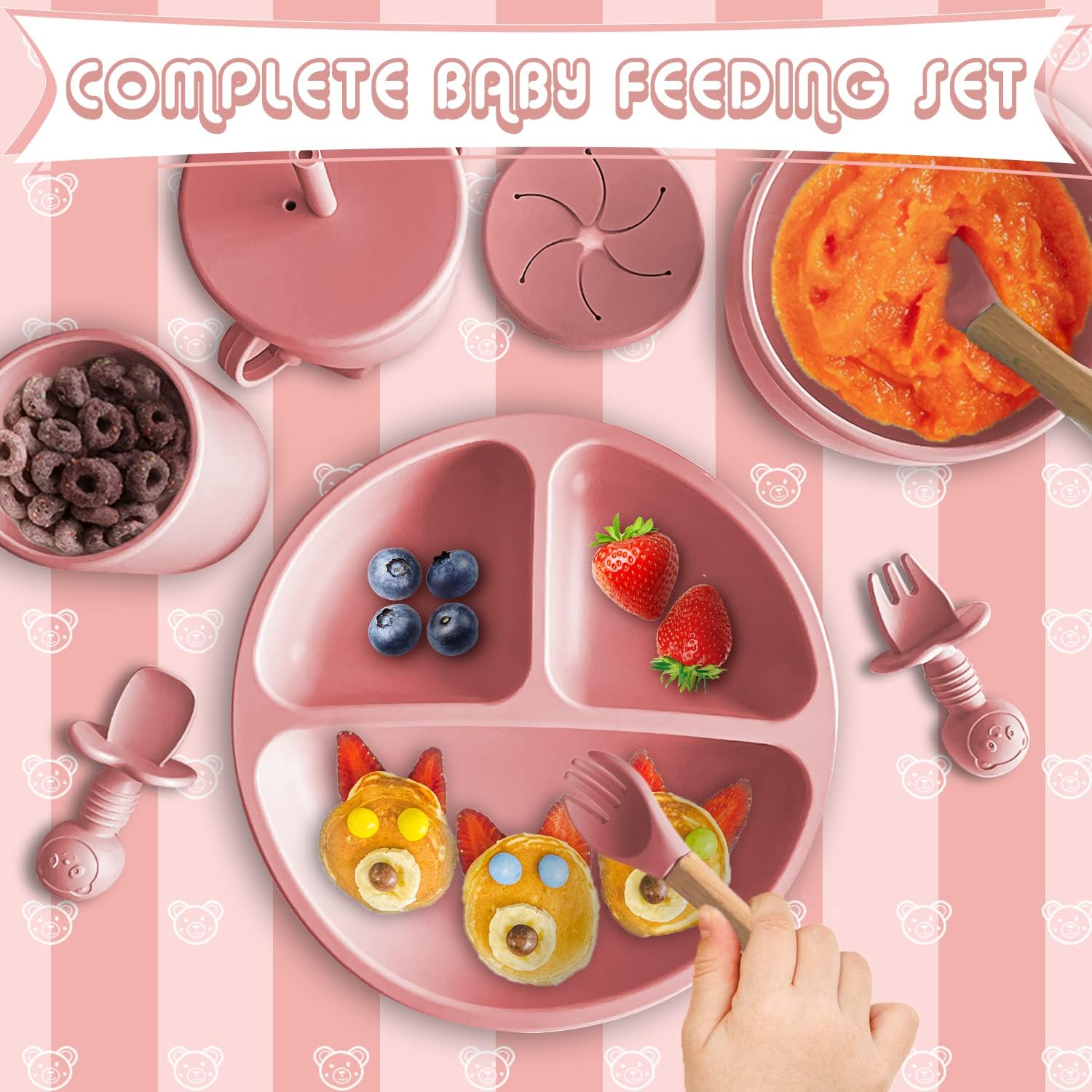 10pcs Baby Feeding Set with Suction Bowl and Plate Pink