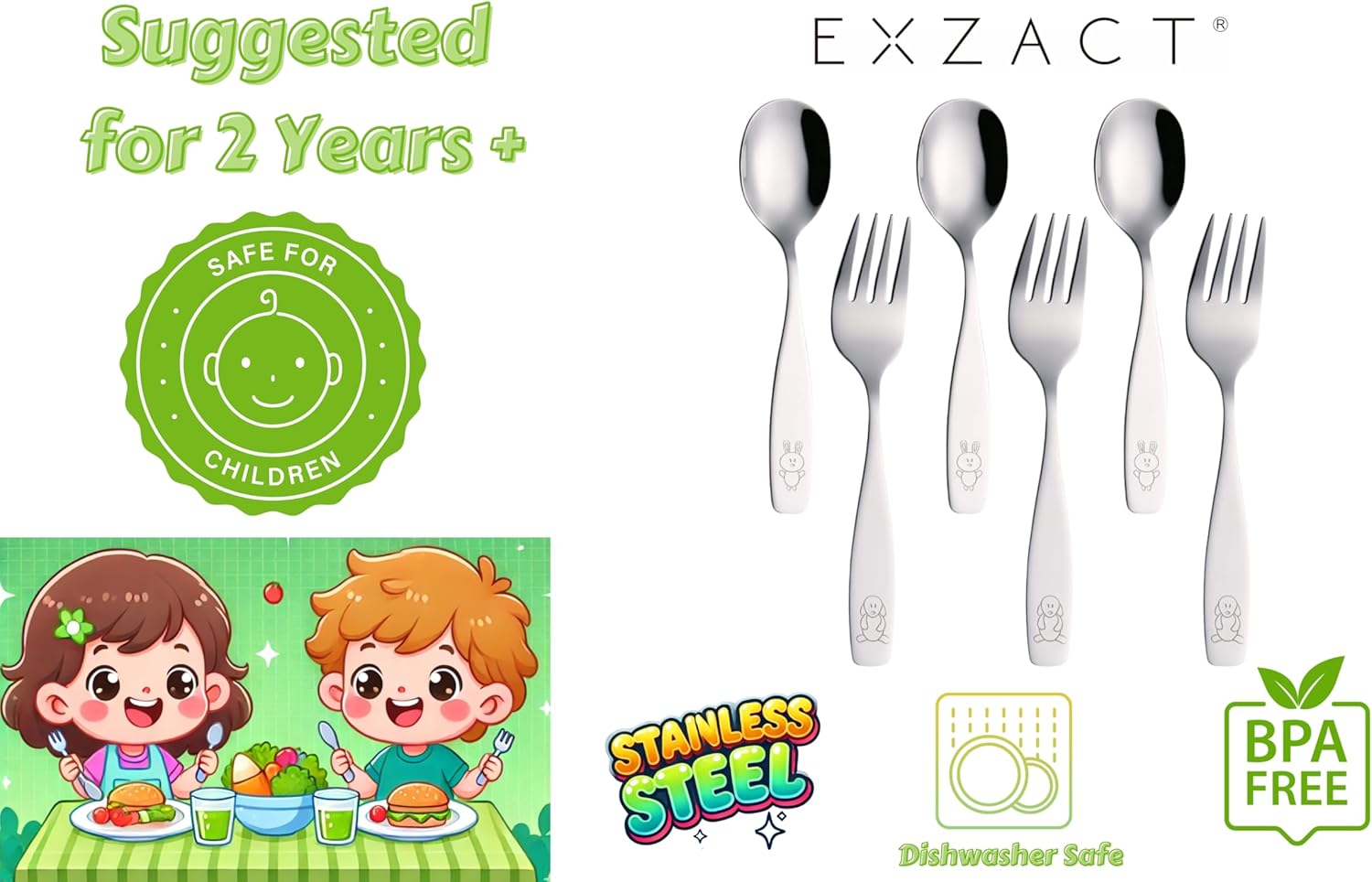 Exzact 6 Piece Kids Flatware Set - Forks and Spoons