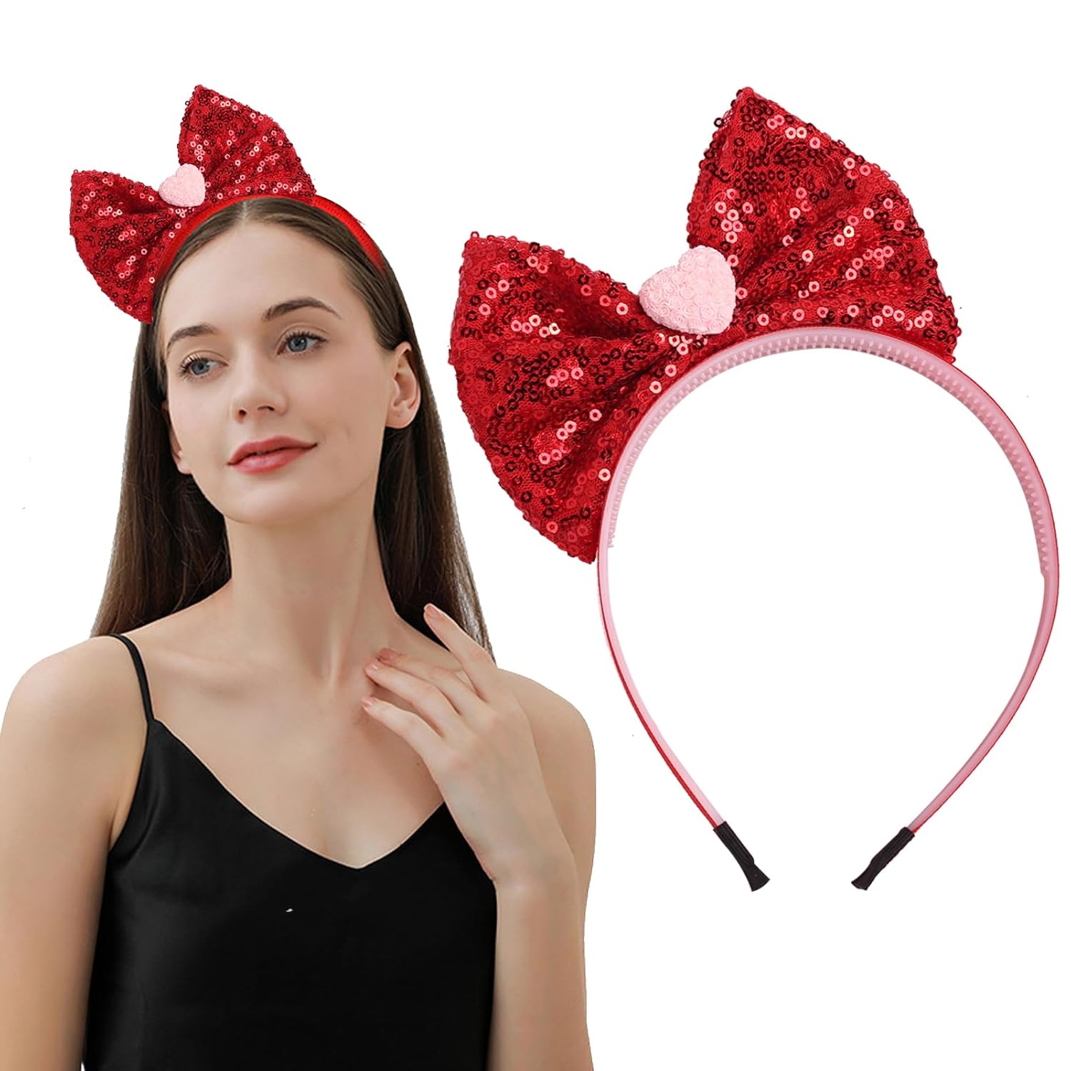 Festive Red Heart Bow Headband for Women