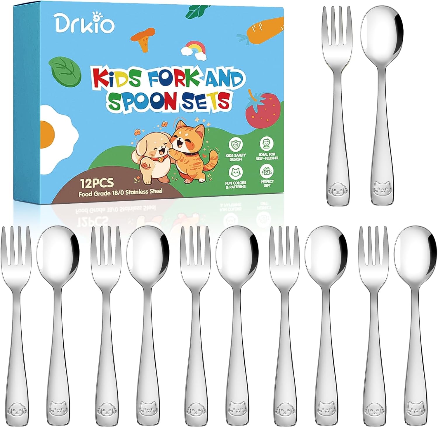 DRKIO Stainless Steel Toddler Utensils Set - 12 Pieces Silverware Set for Kids