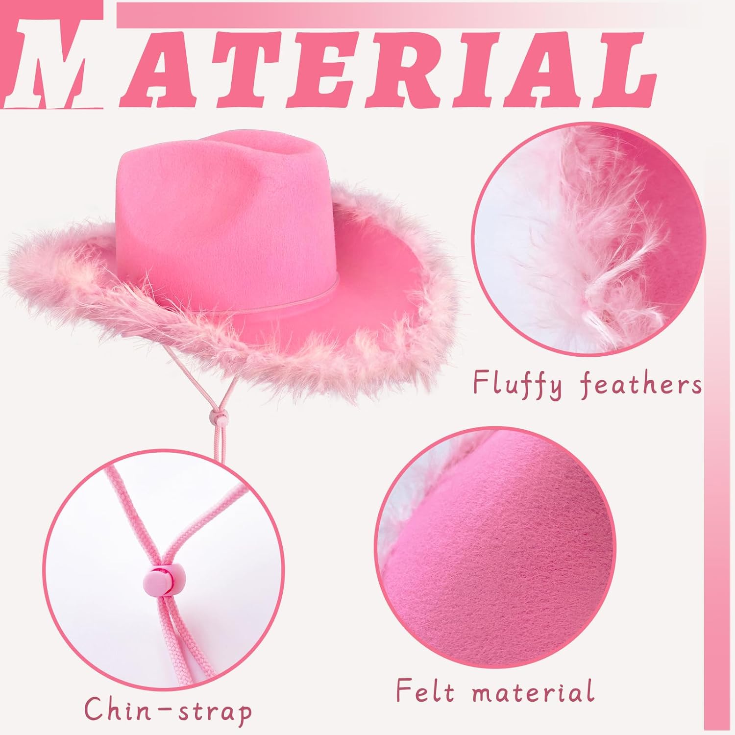 Feather Heart Pink Cowboy Hat for Party Bridesmaids
