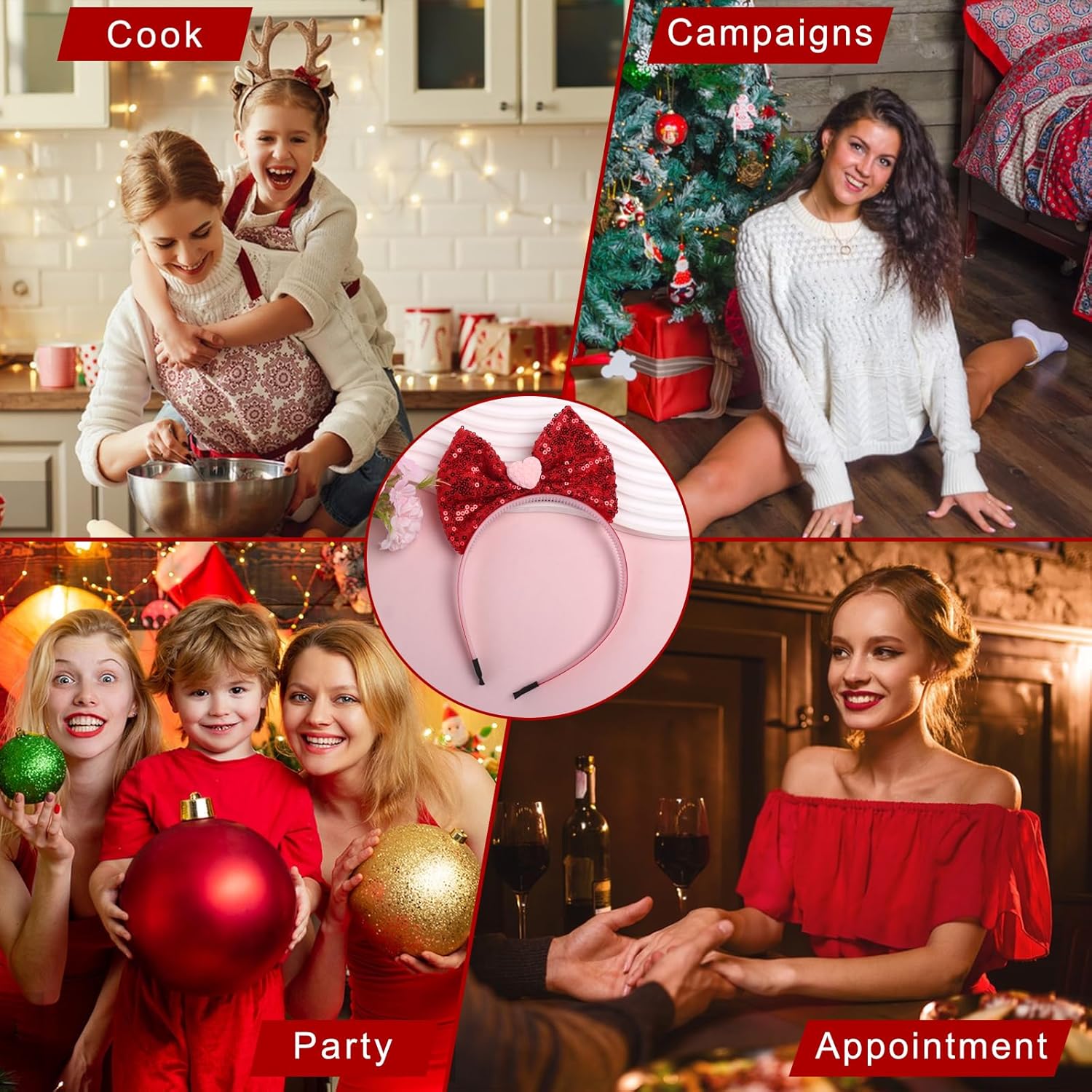 Festive Red Heart Bow Headband for Women
