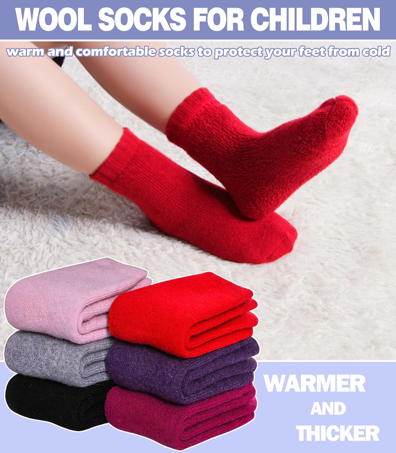 MQELONG Winter Warm Wool Socks for Kids 6 Pairs