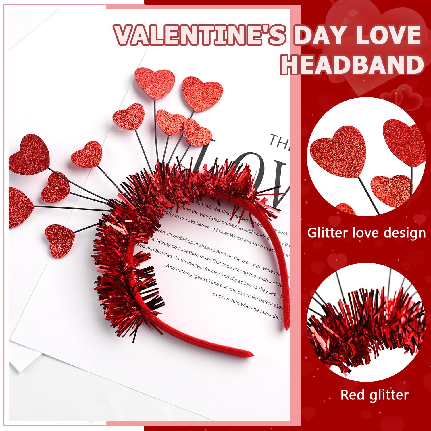 Belsita Sequins Heart Headband Valentines Day Glitter Red Heart Hair Accessories