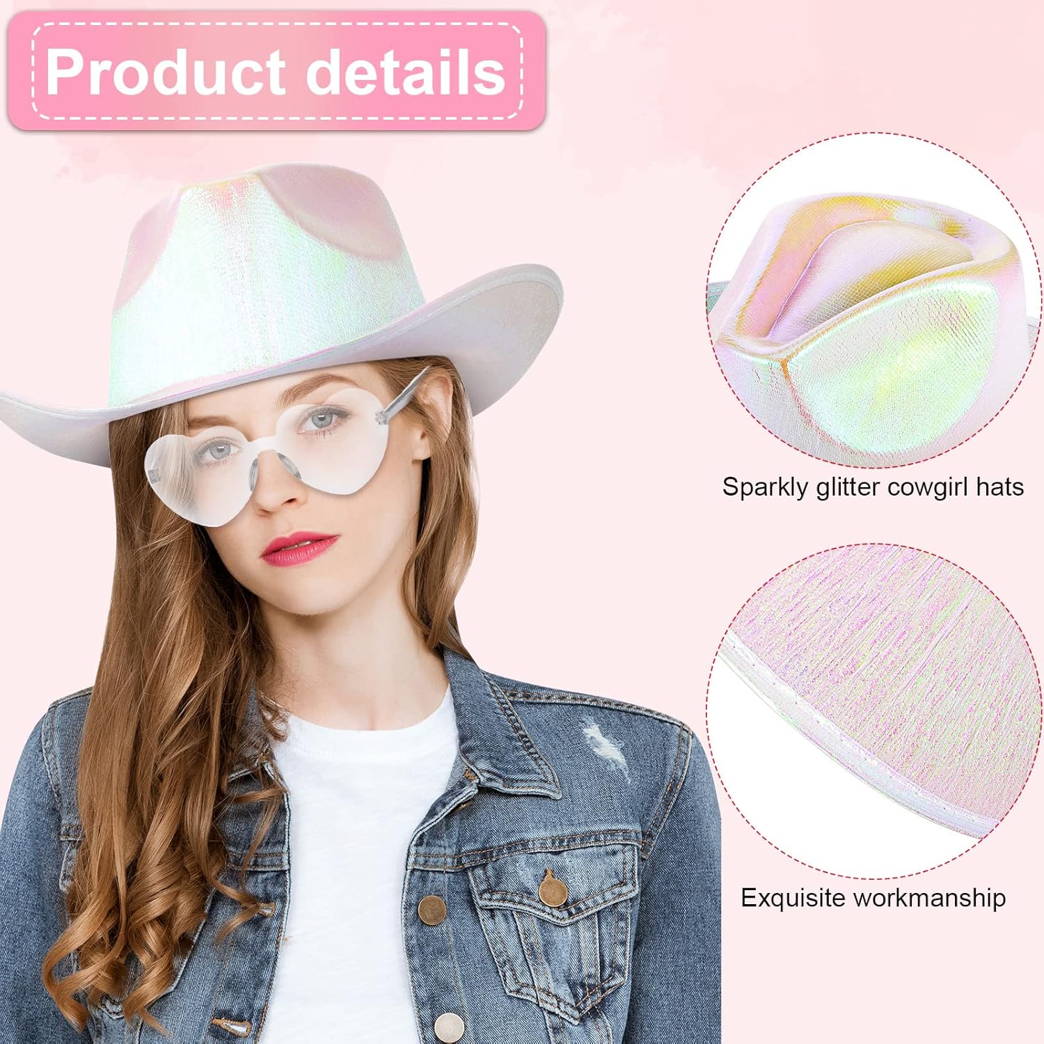 12-Piece Holographic Space Cowgirl Cowboy Hat Set with Neon Sparkly Sunglasses