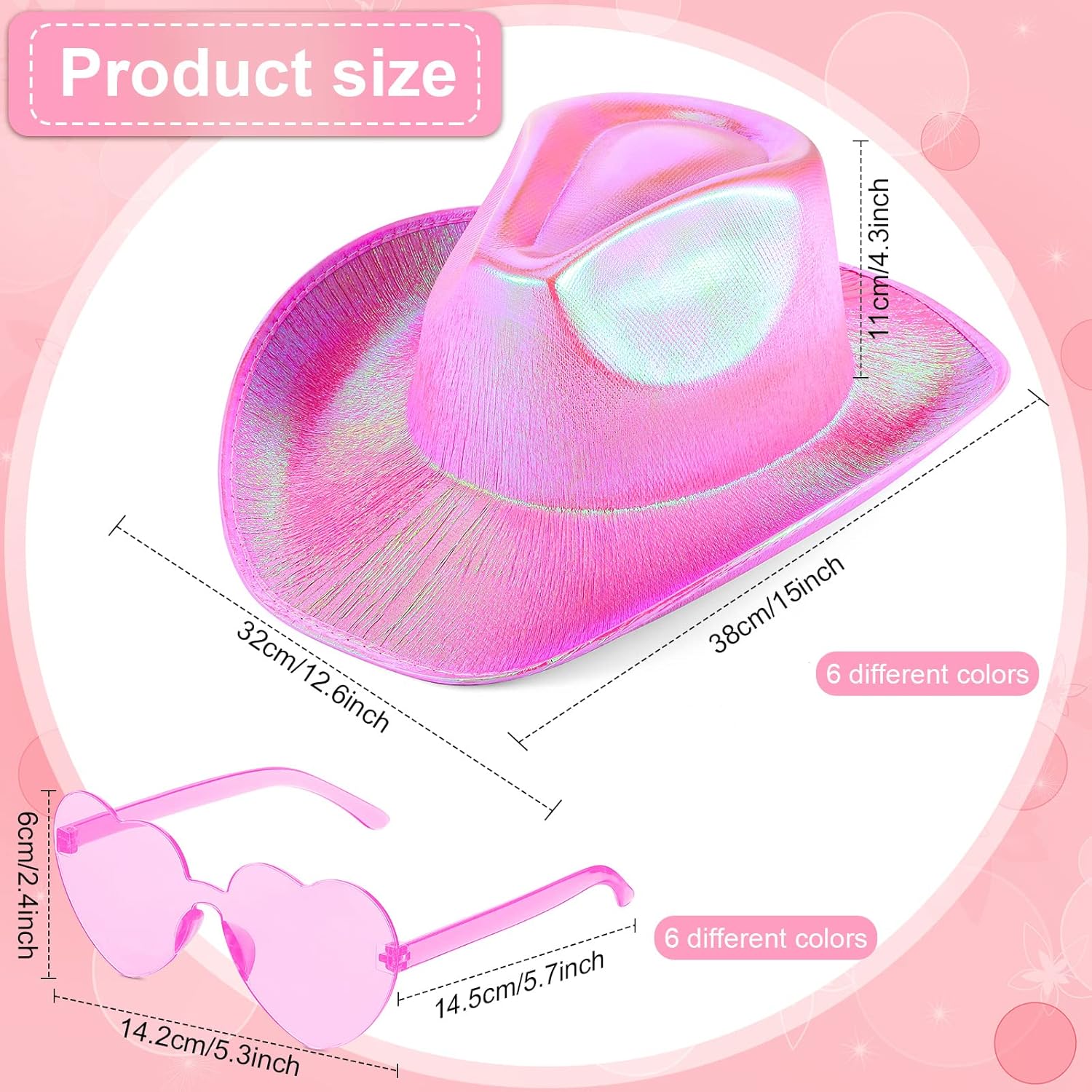 12-Piece Holographic Space Cowgirl Cowboy Hat Set with Neon Sparkly Sunglasses