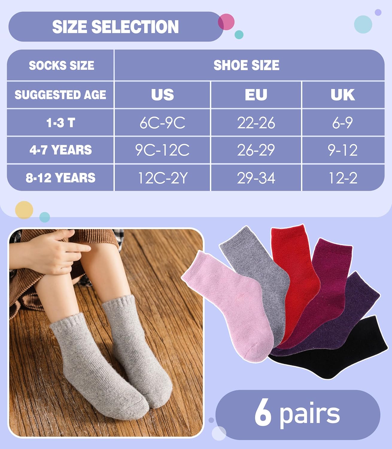 MQELONG Winter Warm Wool Socks for Kids 6 Pairs