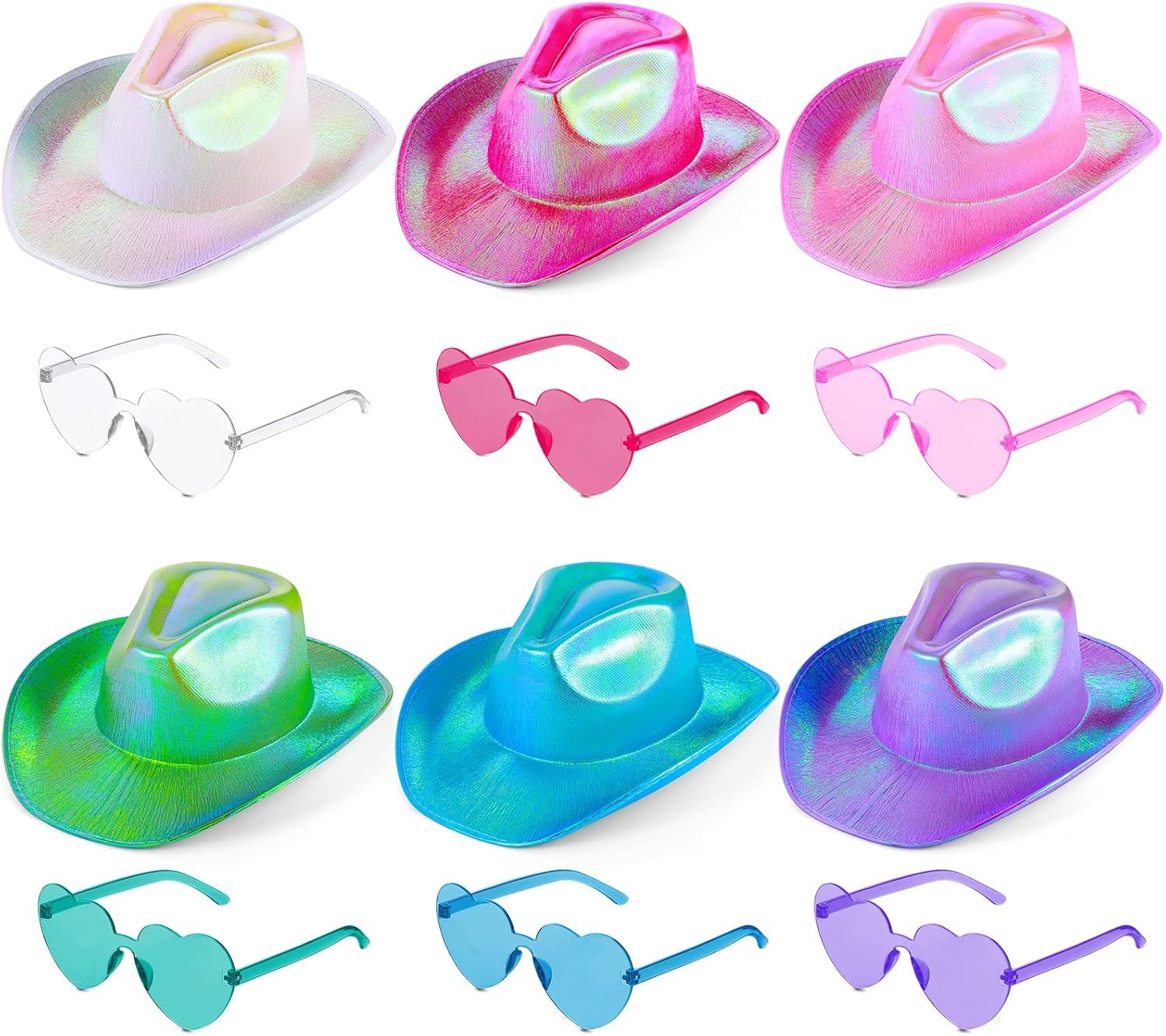 12-Piece Holographic Space Cowgirl Cowboy Hat Set with Neon Sparkly Sunglasses