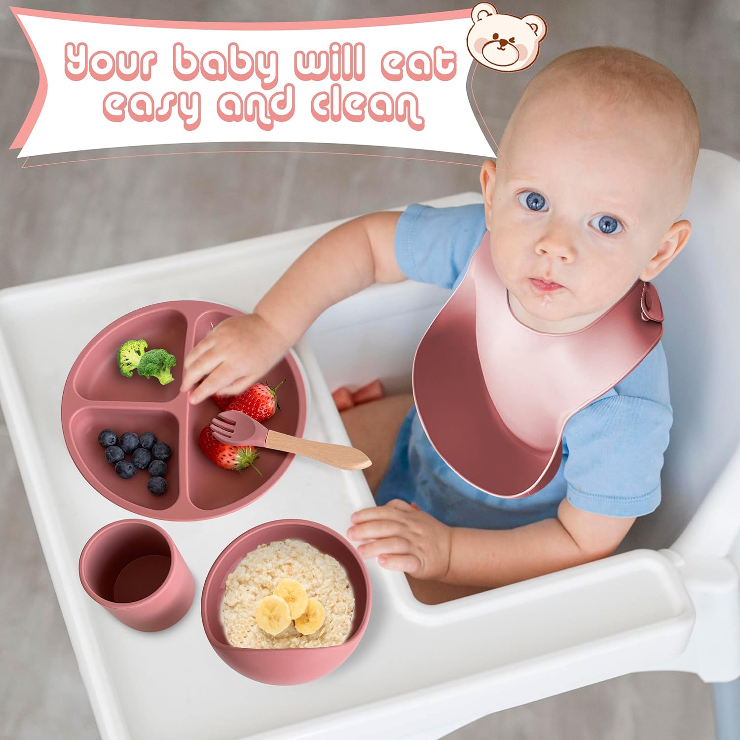 10pcs Baby Feeding Set with Suction Bowl and Plate Pink