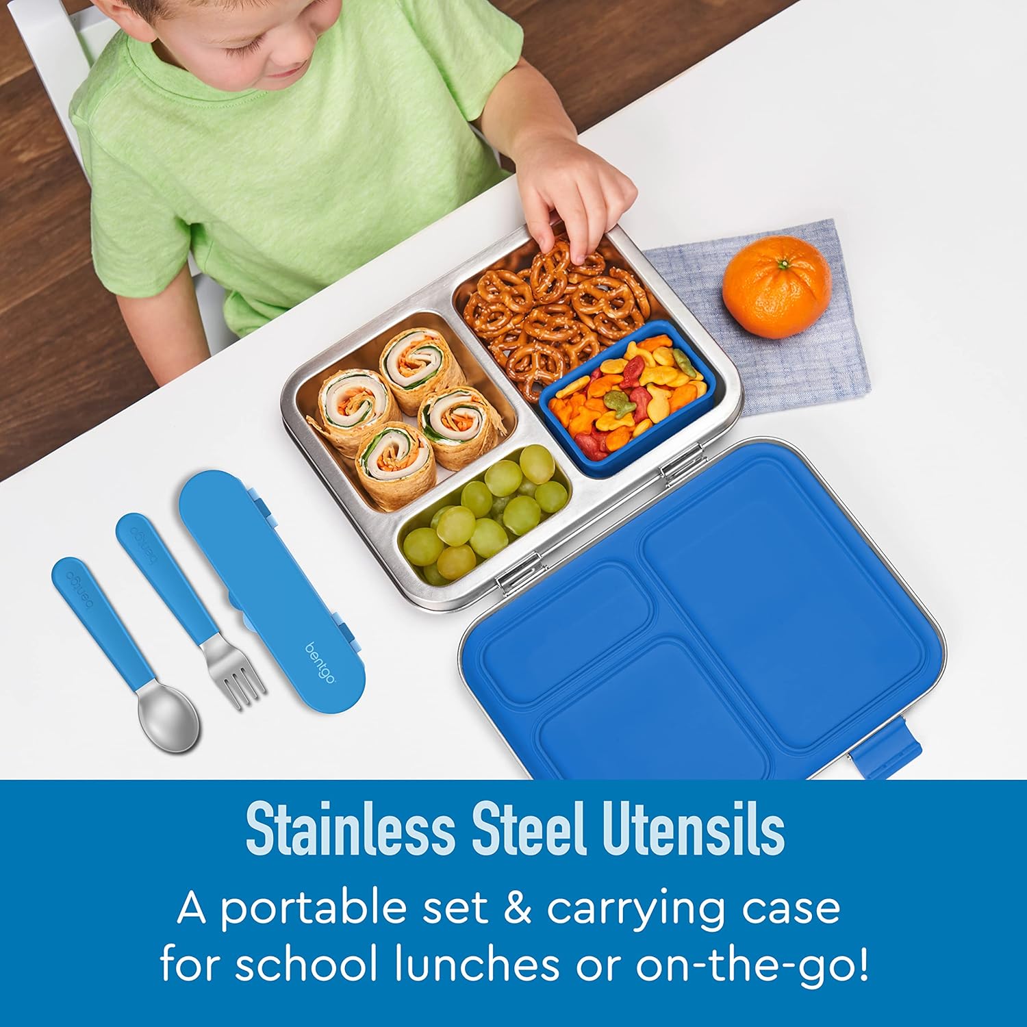 Bentgo Kids Stainless Steel Utensil Set - Fork Spoon Storage Case Blue